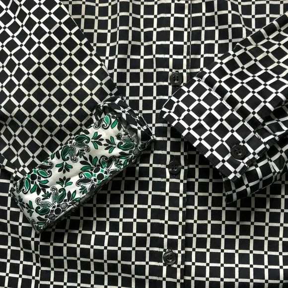 Catherines 2X Button Up Top Tunic Roll Tab Sleeve Black White Windowpane Plaid - Picture 4 of 7